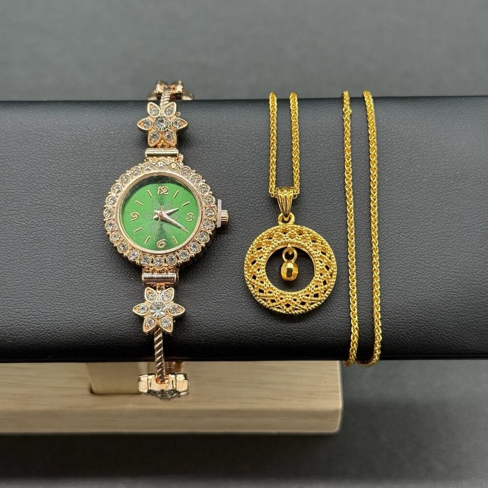 Luxury Gold Tone Watch Necklace Lot Set Womens Green Dial Crystal Flower Fashion